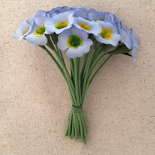 Bundle of 24 Light Blue Fabric Primrose Flowers ~ Vintage Germany ~ Old Store Stock